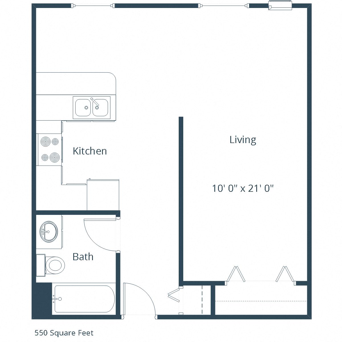 Floor plan for studio, 1 bath, 550 sqft
