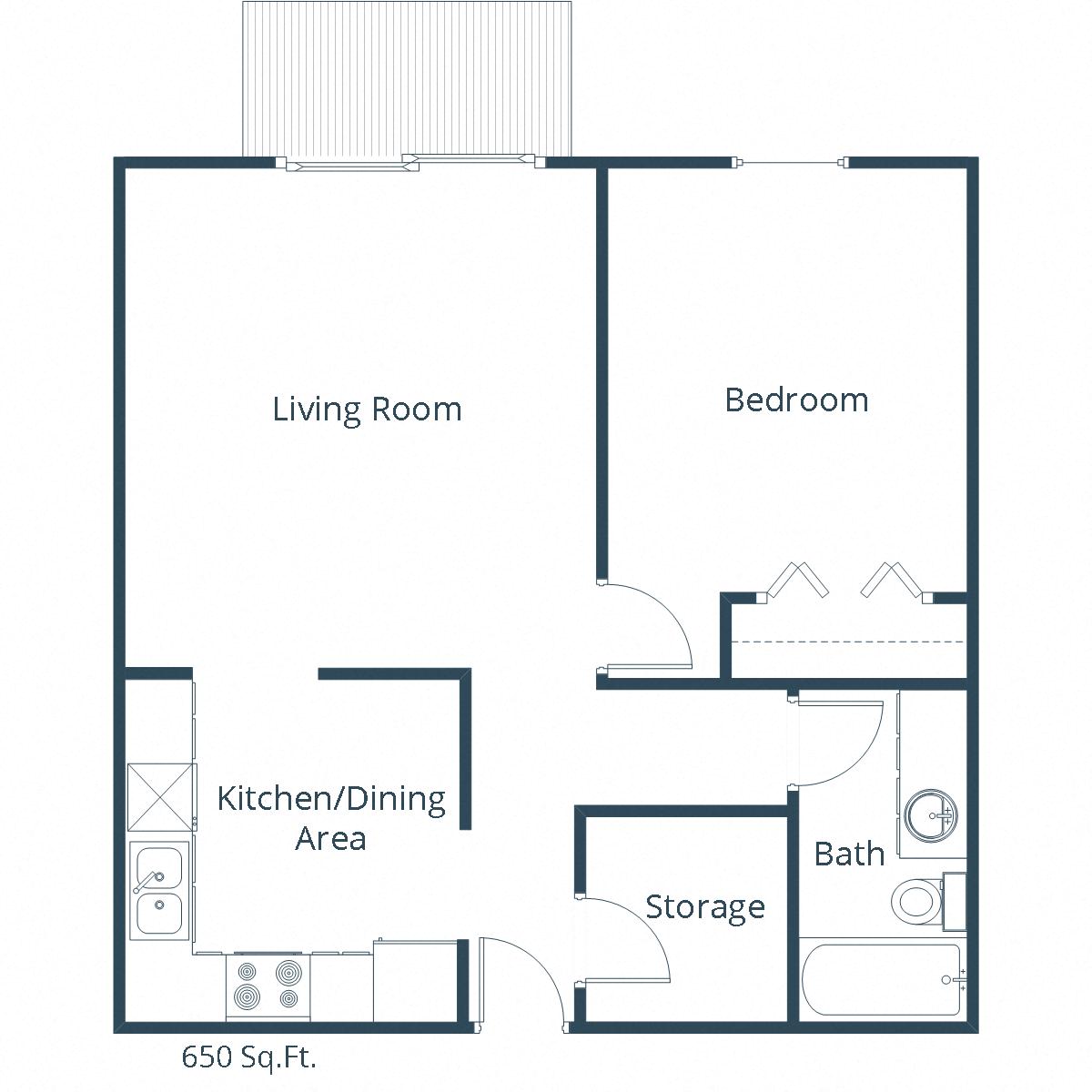 Floor plan for 1 bed, 1 bath, 650 sqft