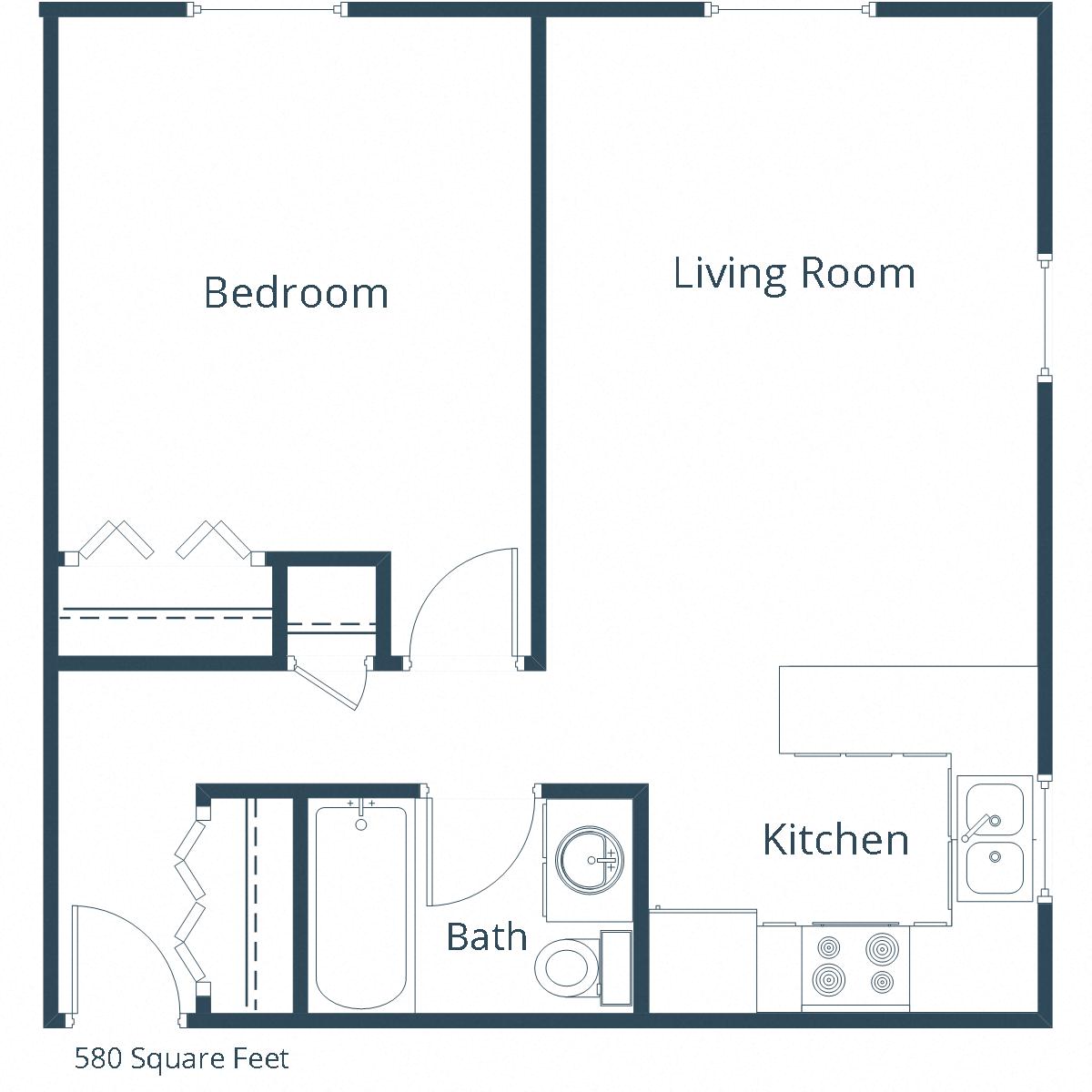 Floor plan for 1 bed, 1 bath, 580 sqft