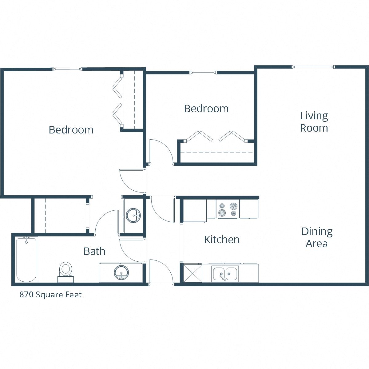 Floor plan for 2 beds, 1 bath, 870 sqft