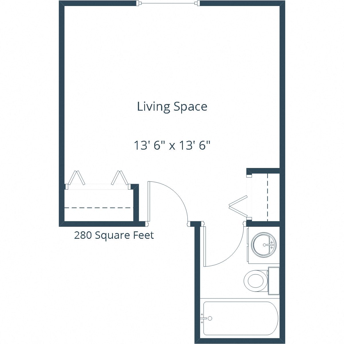 Floor plan for studio, 1 bath, 280 sqft