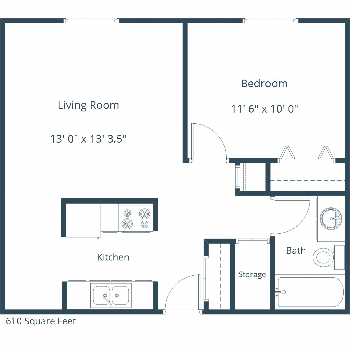 Floor plan for 1 bed, 1 bath, 610 sqft