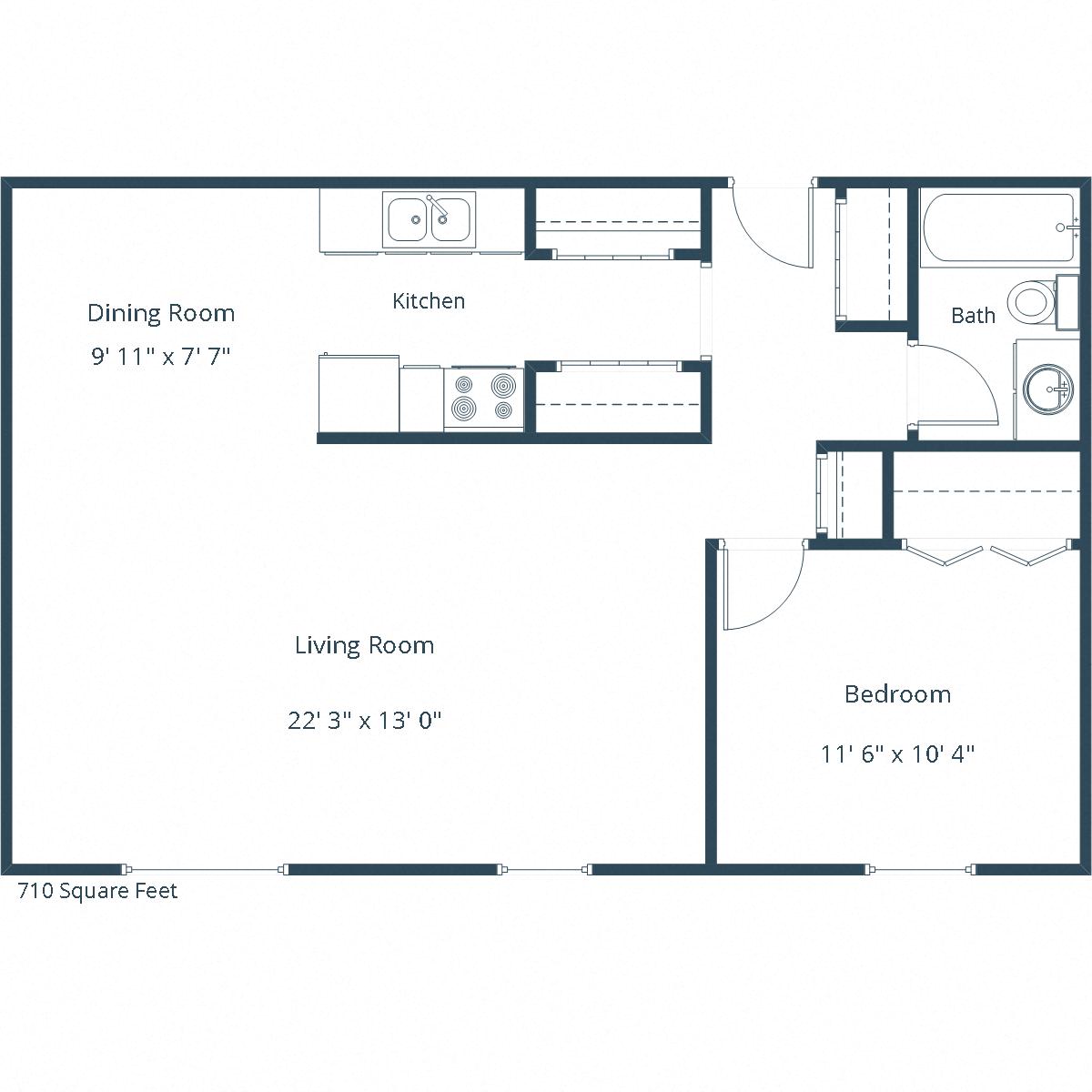 Floor plan for 1 bed, 1 bath, 710 sqft