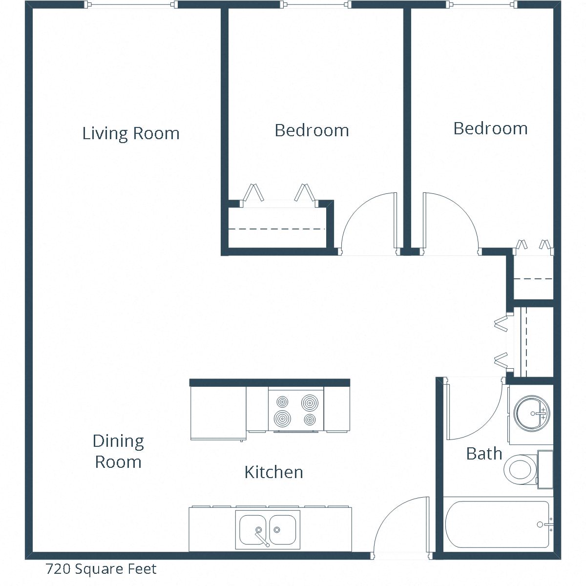 Floor plan for 2 beds, 1 bath, 720 sqft