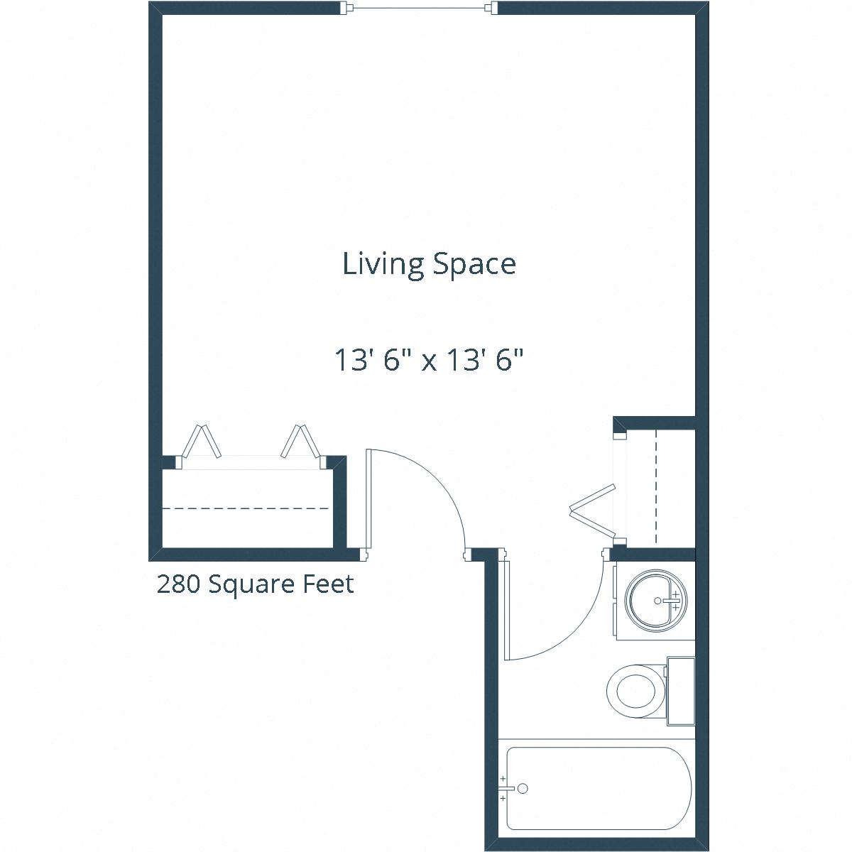 Floor plan for studio, 1 bath, 280 sqft