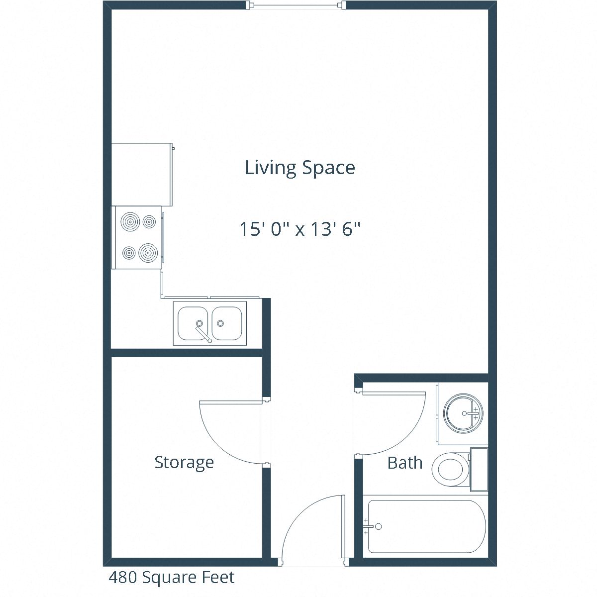 Floor plan for studio, 1 bath, 480 sqft