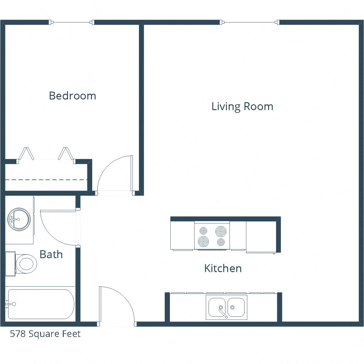 Floor plan for 1 bed, 1 bath, 578 sqft
