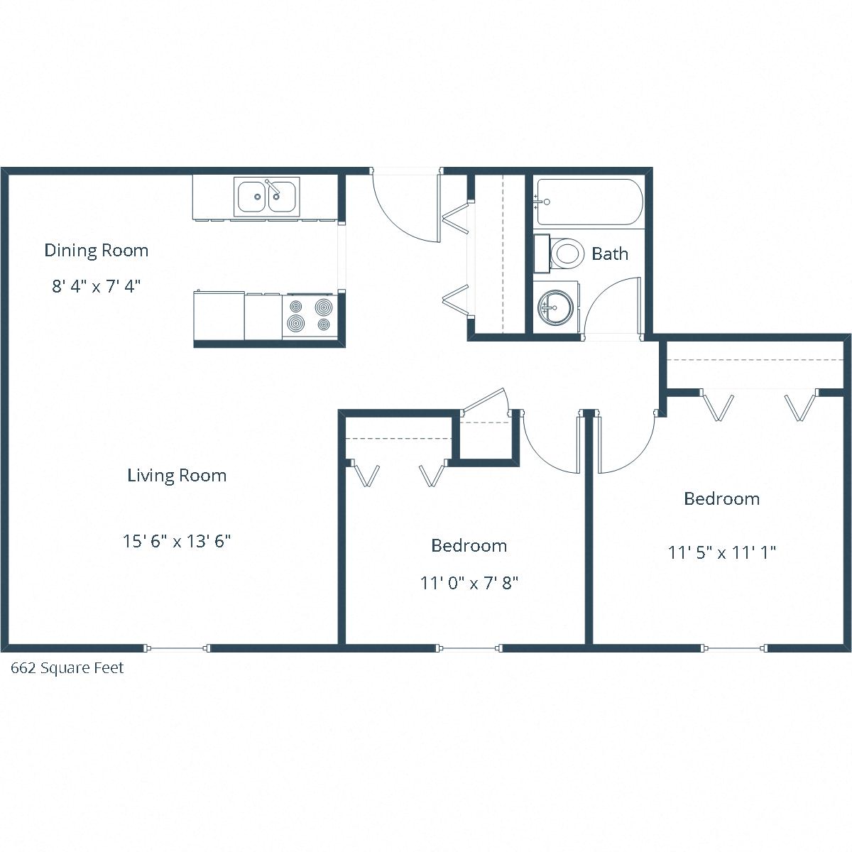 Floor plan for 2 beds, 1 bath, 662 sqft