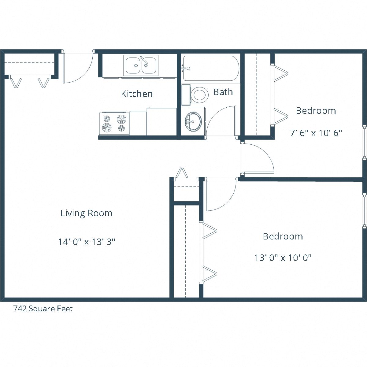 Floor plan for 2 beds, 1 bath, 742 sqft