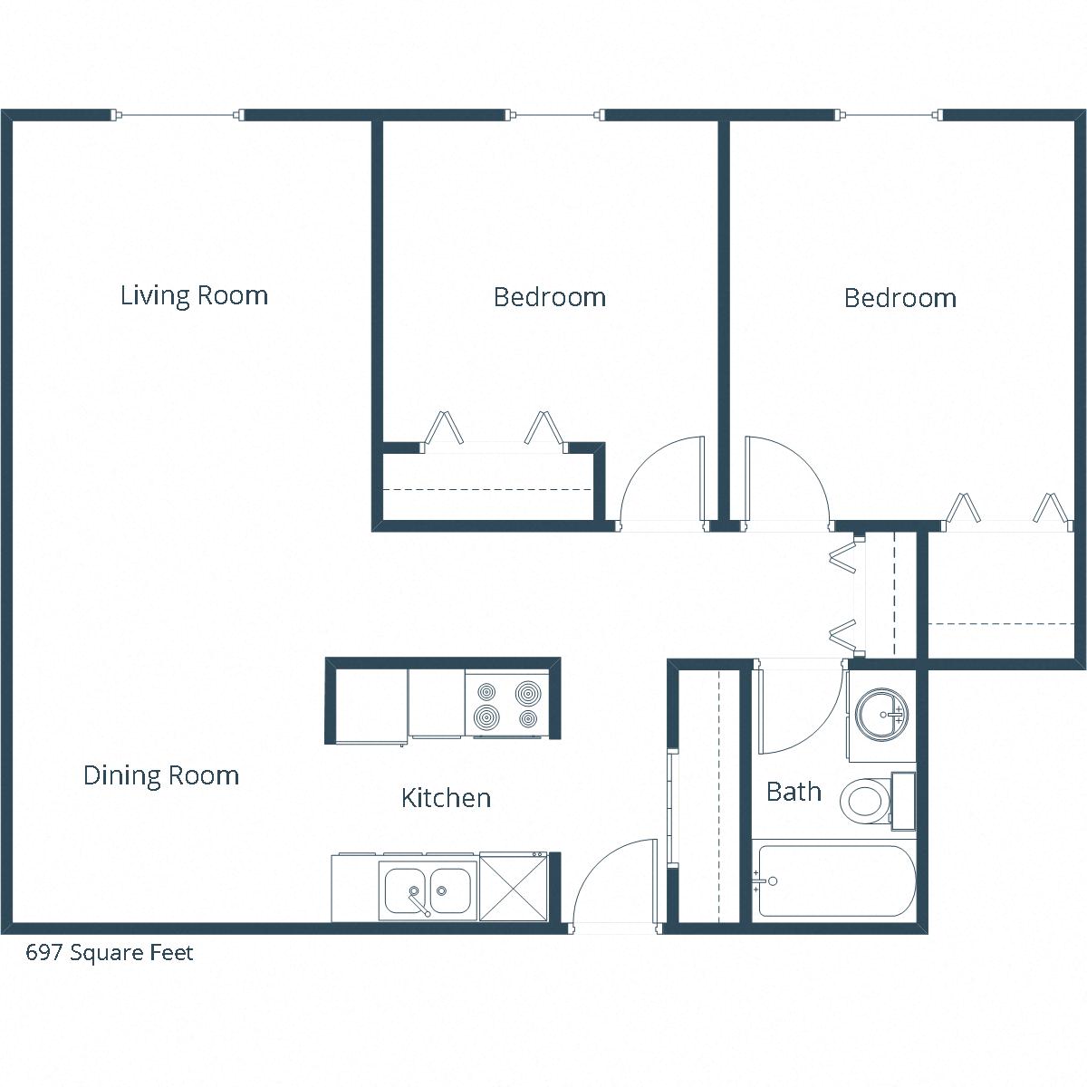 Floor plan for 2 beds, 1 bath, 697 sqft