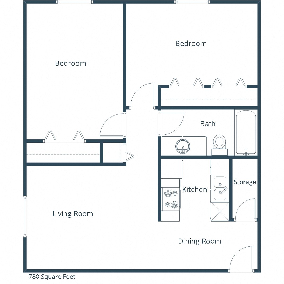 Floor plan for 2 beds, 1 bath, 780 sqft