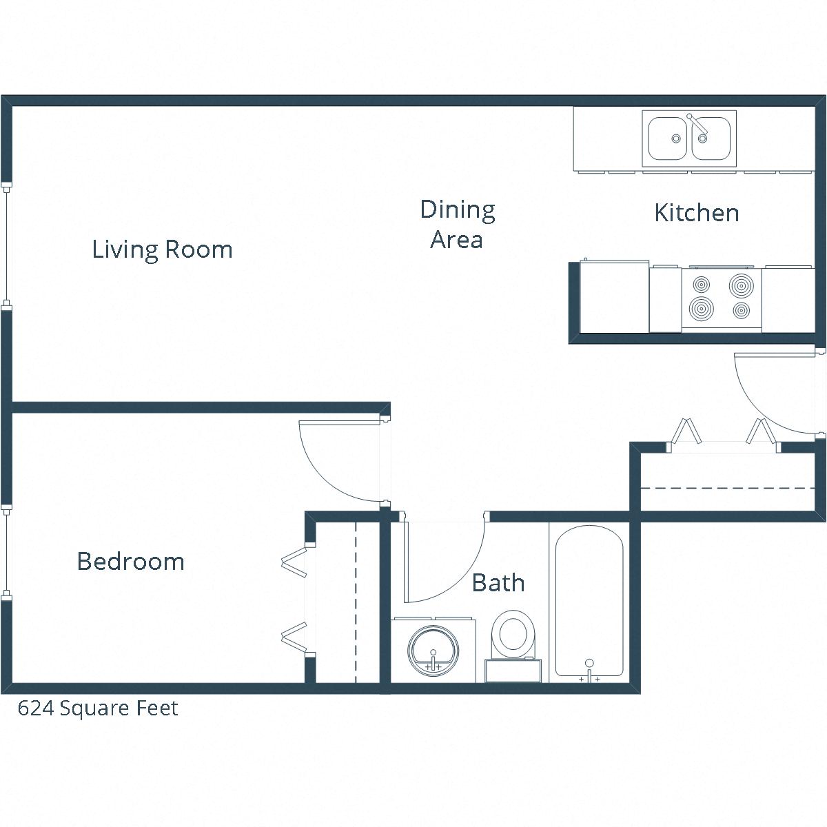 Floor plan for 1 bed, 1 bath, 624 sqft