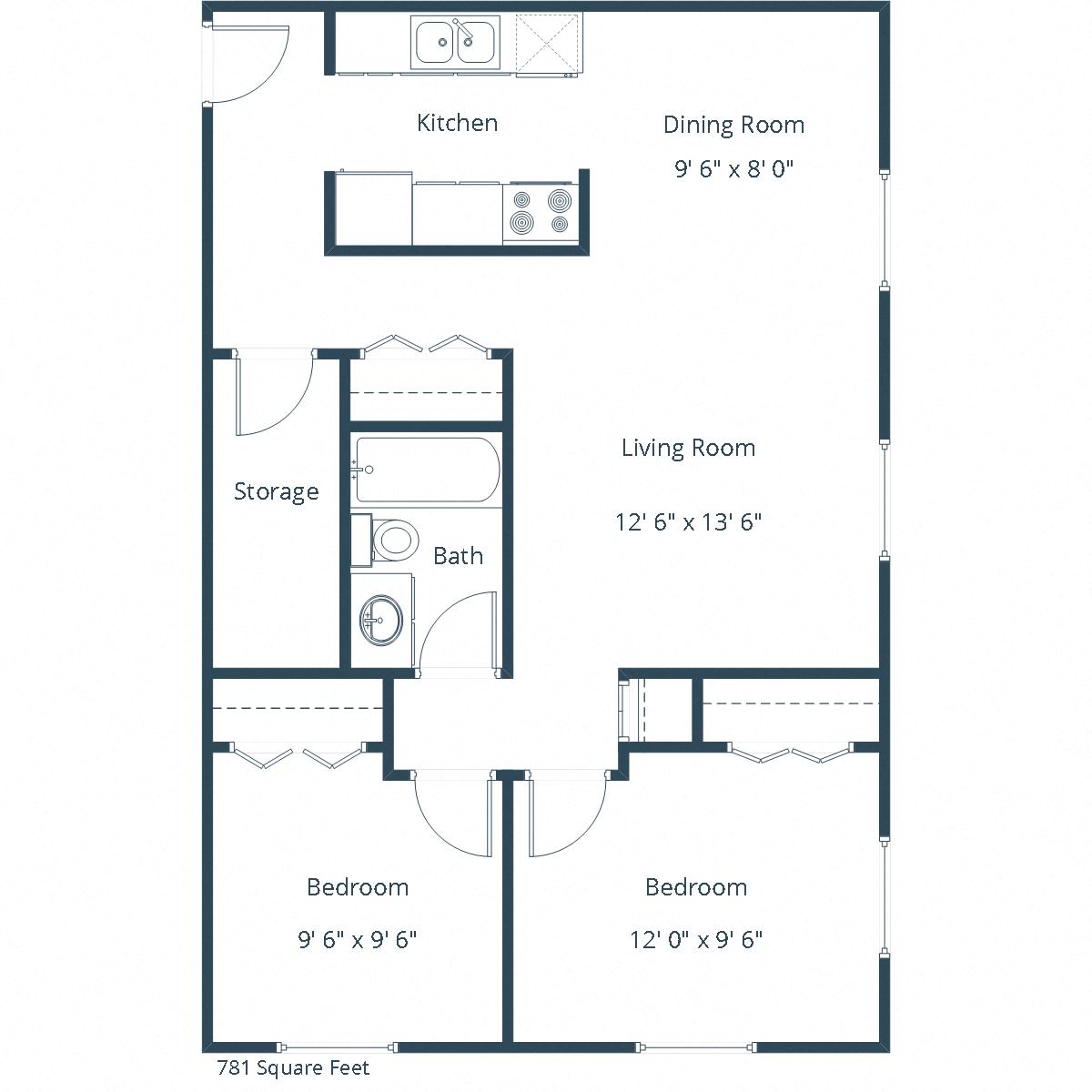 Floor plan for 2 beds, 1 bath, 781 sqft
