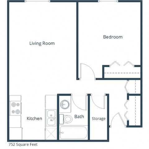 Floor plan for 1 bed, 1 bath, 752 sqft