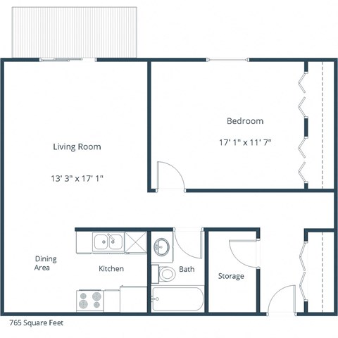 Floor plan for 1 bed, 1 bath, 752 sqft