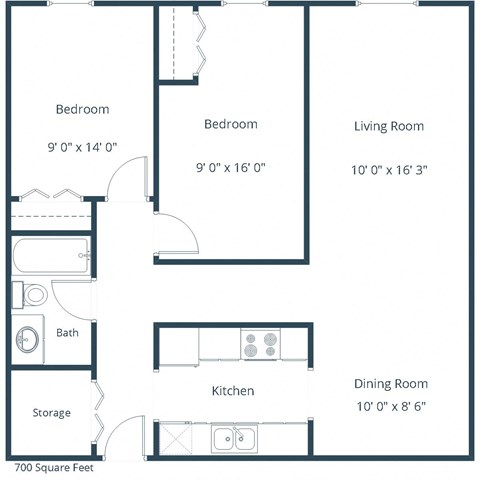 Floor plan for 2 beds, 1 bath, 915 sqft