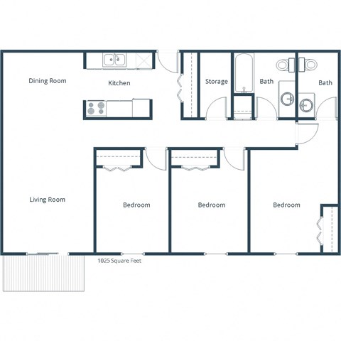 Floor plan for 3 beds, 1.5 baths, 1025 sqft