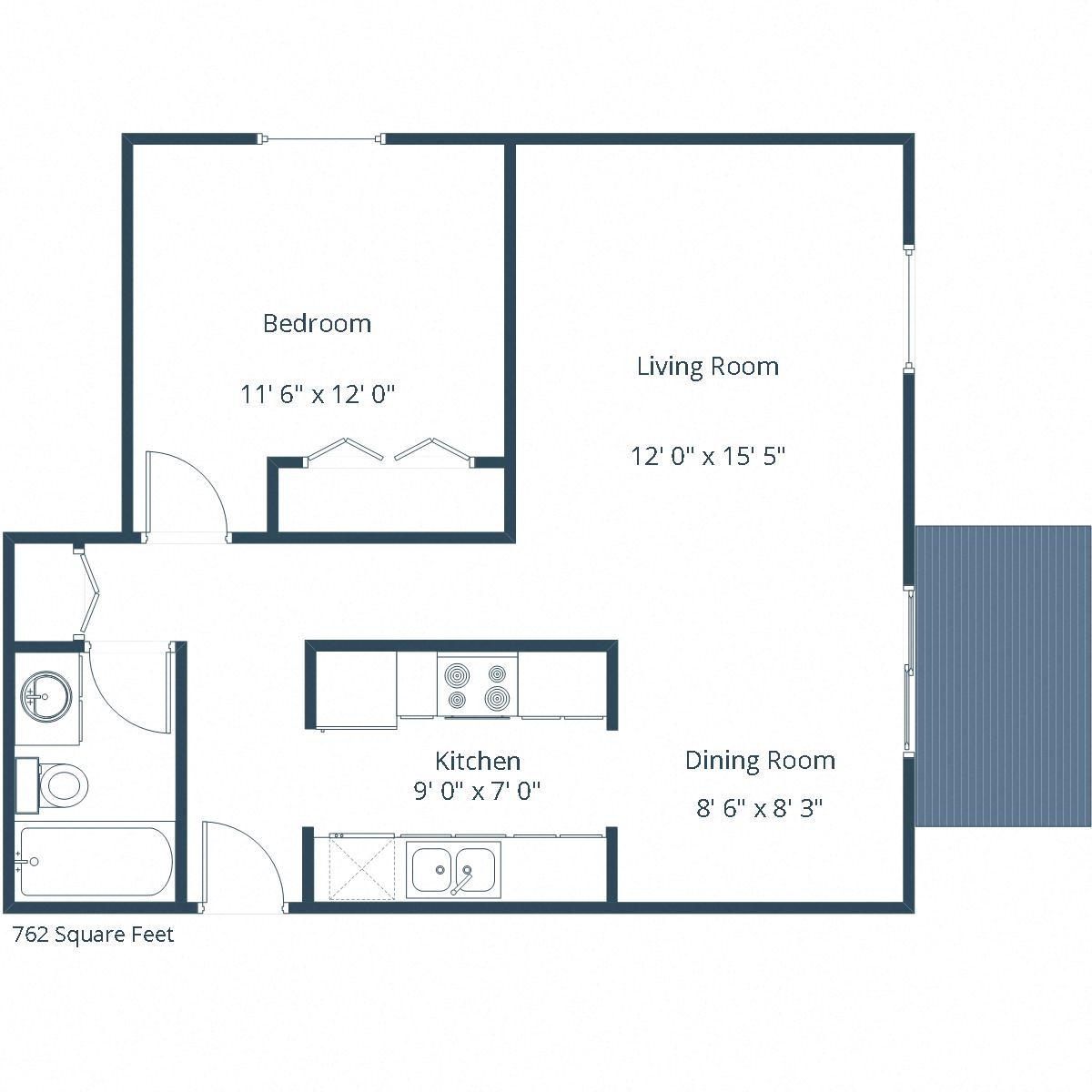 Floor plan for 1 bed, 1 bath, 762 sqft