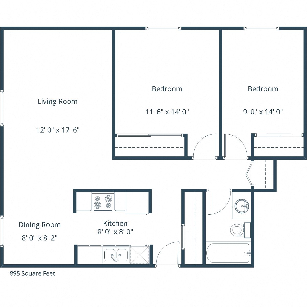 Floor plan for 2 beds, 1 bath, 944 sqft