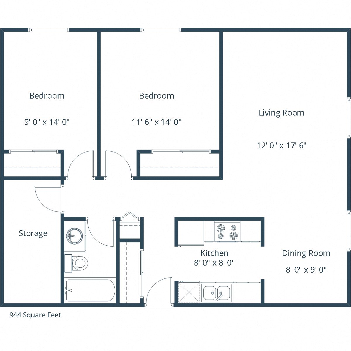 Floor plan for 2 beds, 1 bath, 944 sqft