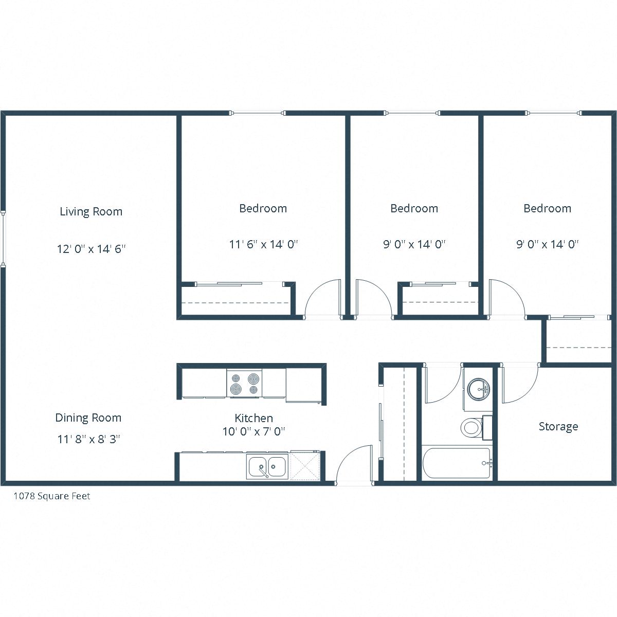 Floor plan for 3 beds, 1 bath, 1078 sqft