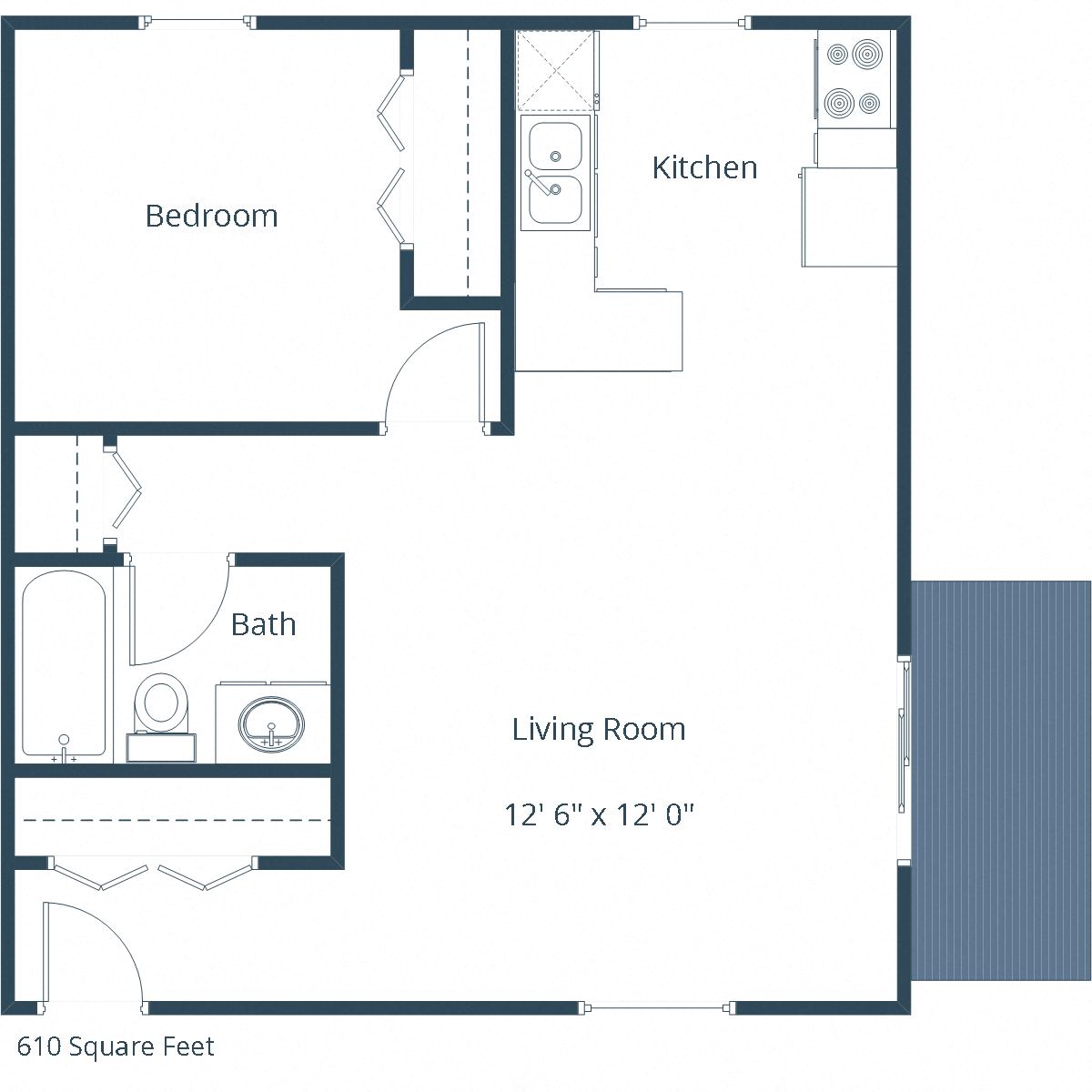 Floor plan for 1 bed, 1 bath, 610 sqft
