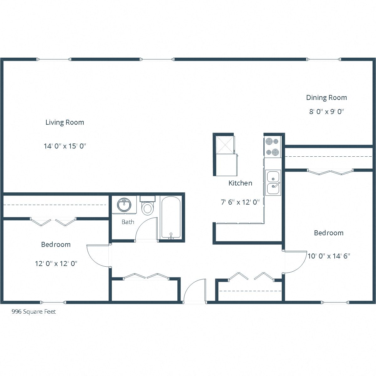 Floor plan for 2 beds, 1 bath, 996 sqft