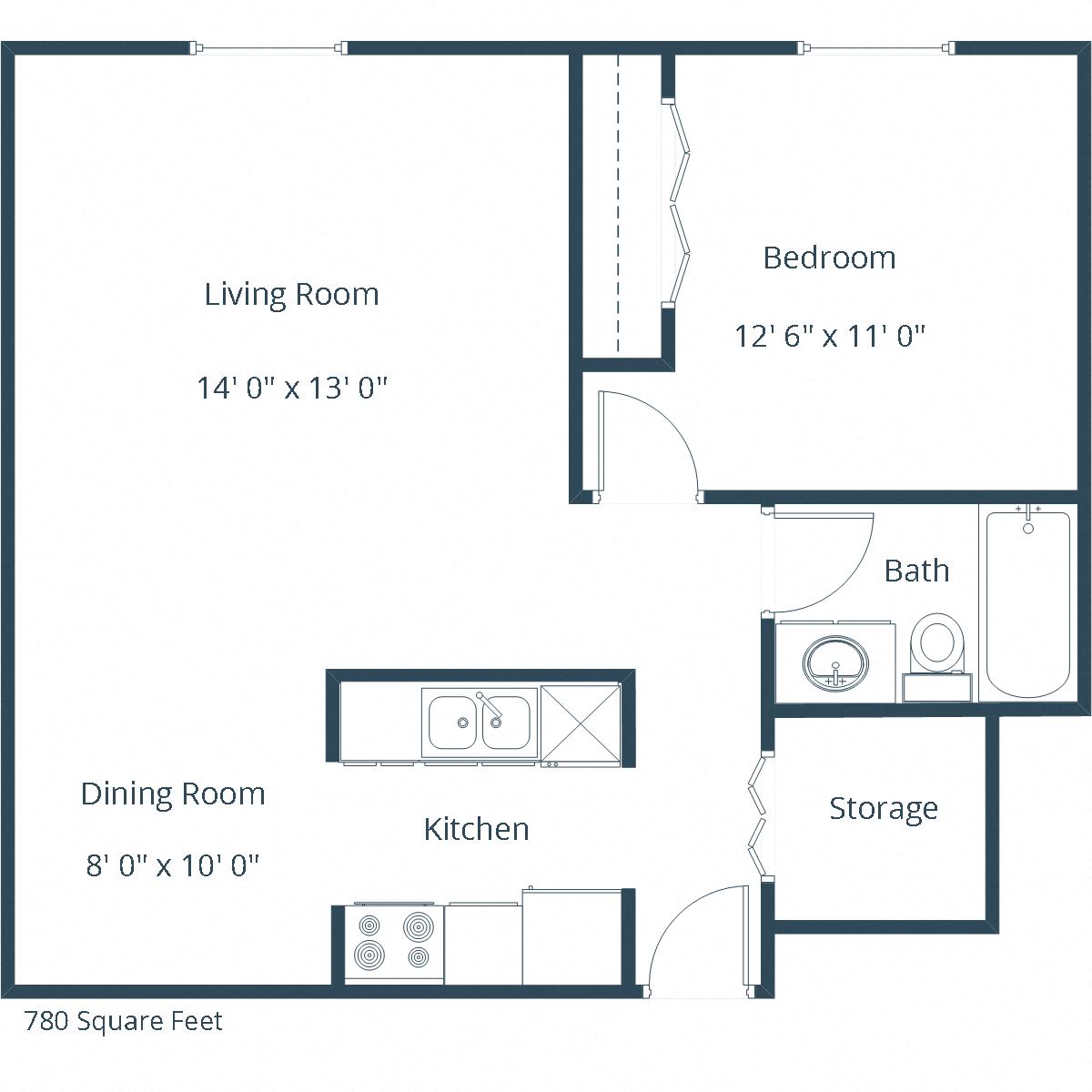 Floor plan for 1 bed, 1 bath, 780 sqft