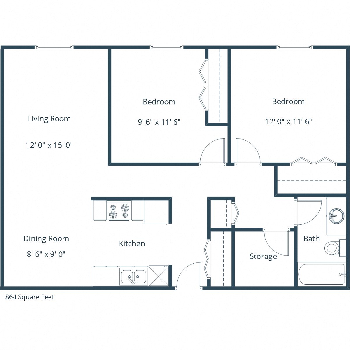 Floor plan for 2 beds, 1 bath, 910 sqft