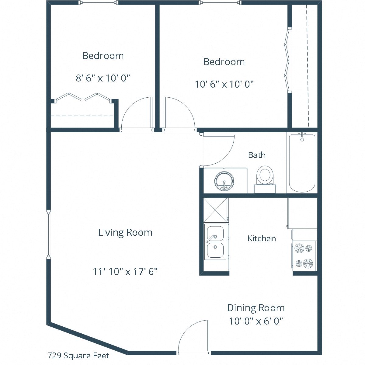 Floor plan for 2 beds, 1 bath, 729 sqft