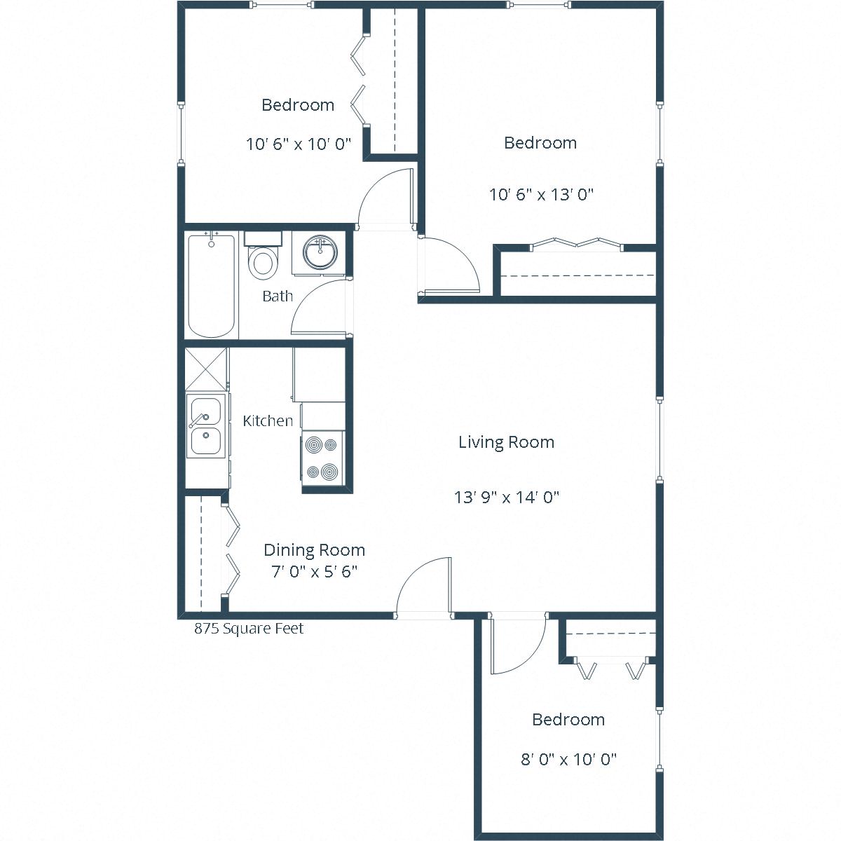 Floor plan for 2 beds, 1 bath, 875 sqft