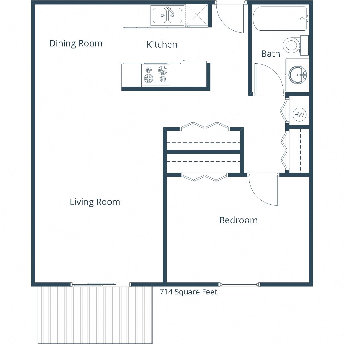 Floor plan for 1 bed, 1 bath, 714 sqft