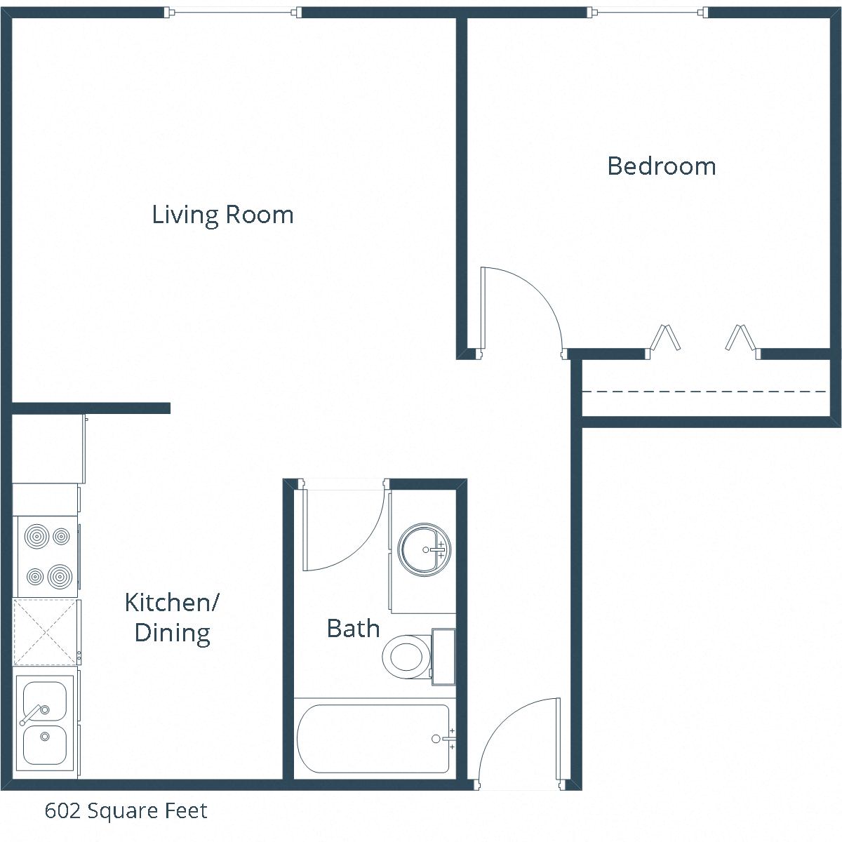 Floor plan for 1 bed, 1 bath
