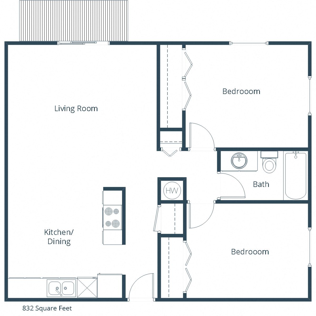 Floor plan for 2 beds, 1 bath, 832 sqft