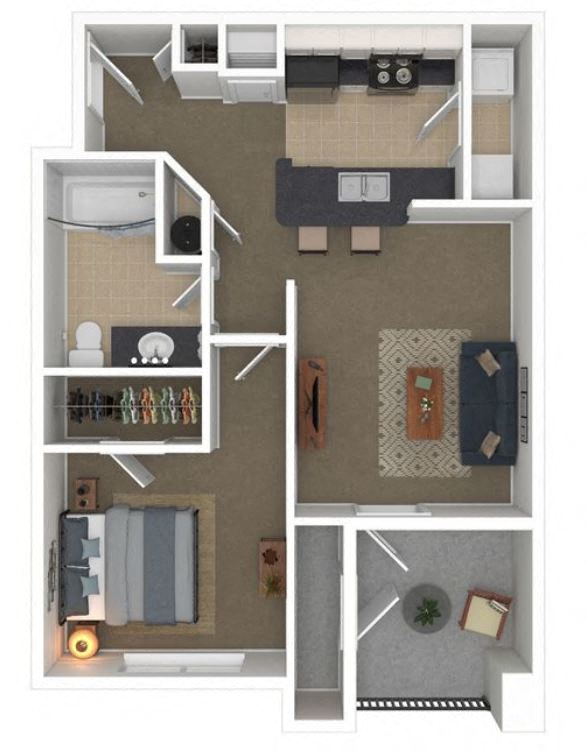 Floor plan for 1 bed, 1 bath, 696 sqft