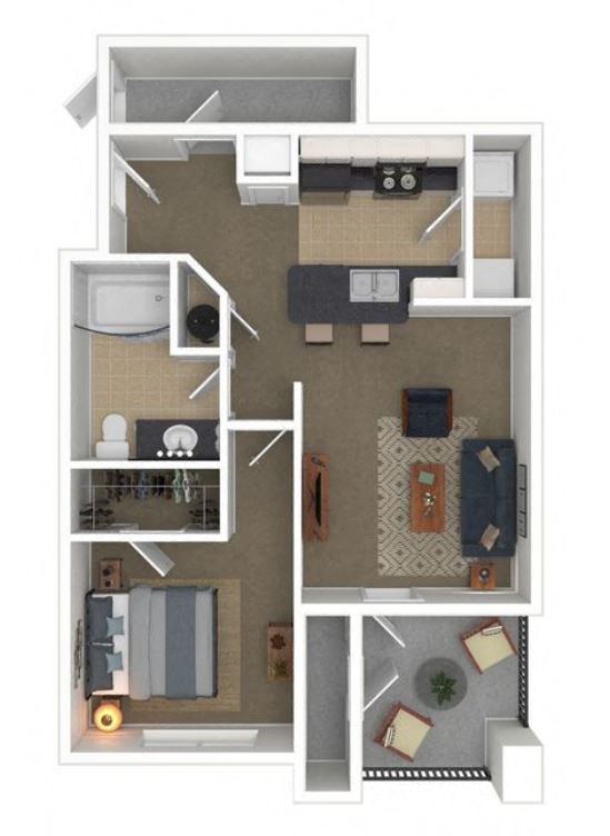 Floor plan for 1 bed, 1 bath, 740 sqft