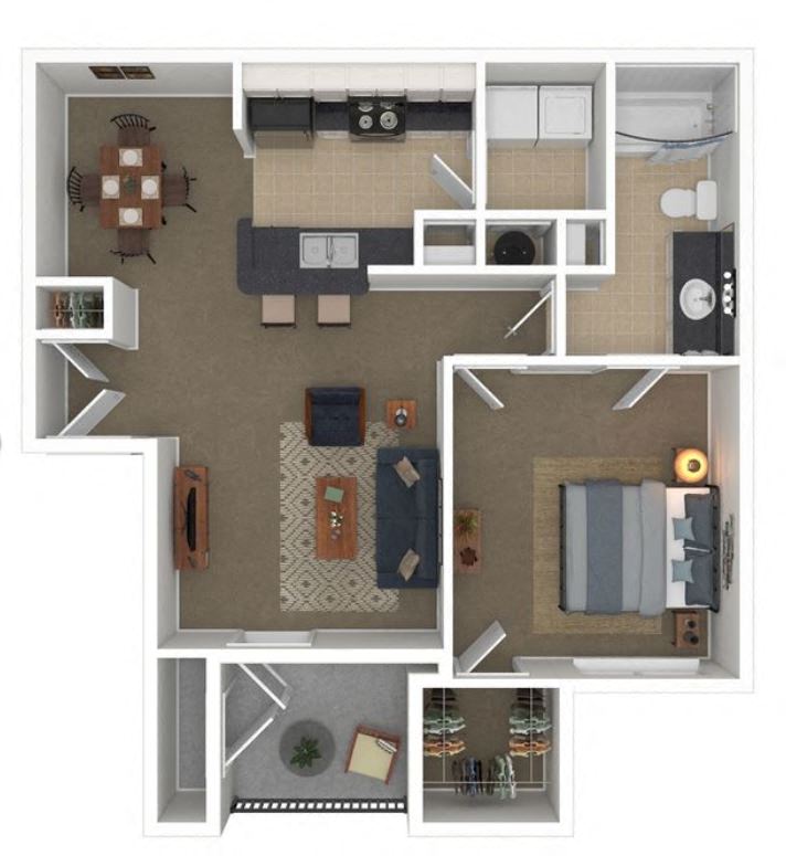 Floor plan for 1 bed, 1 bath, 789 sqft