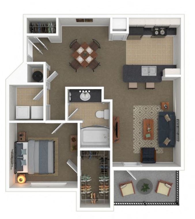 Floor plan for 1 bed, 1 bath, 867 sqft