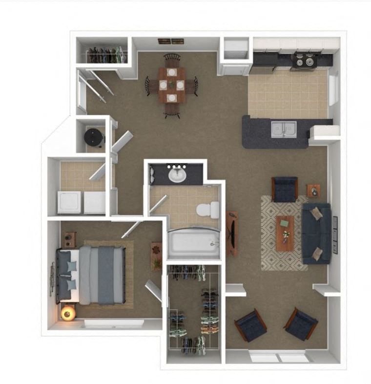 Floor plan for 1 bed, 1 bath, 954 sqft