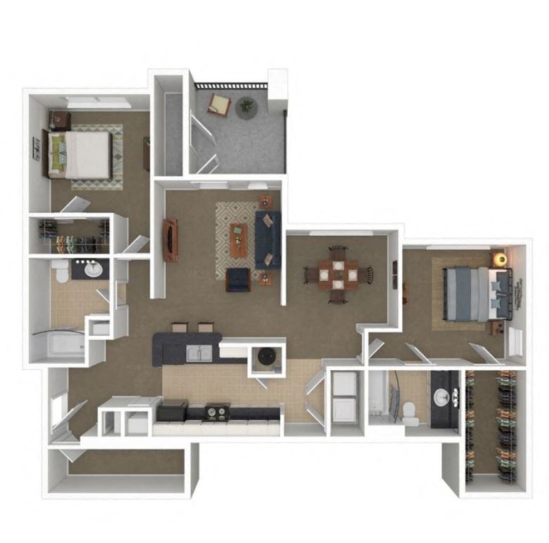 Floor plan for 2 beds, 2 baths, 1251 sqft