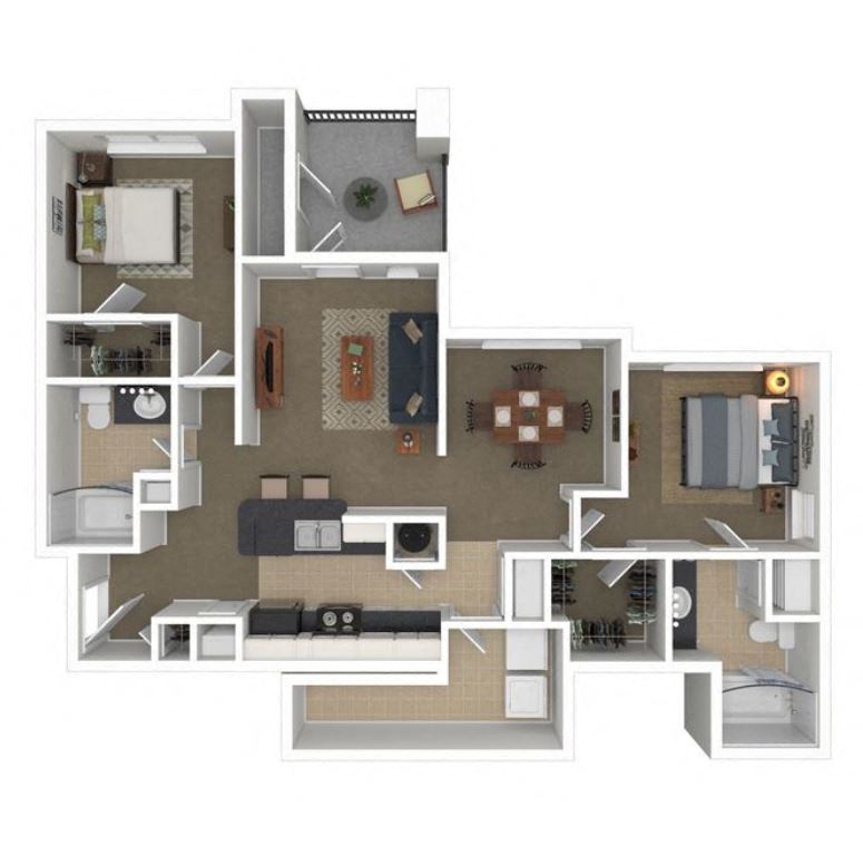 Floor plan for 2 beds, 2 baths, 1271 sqft
