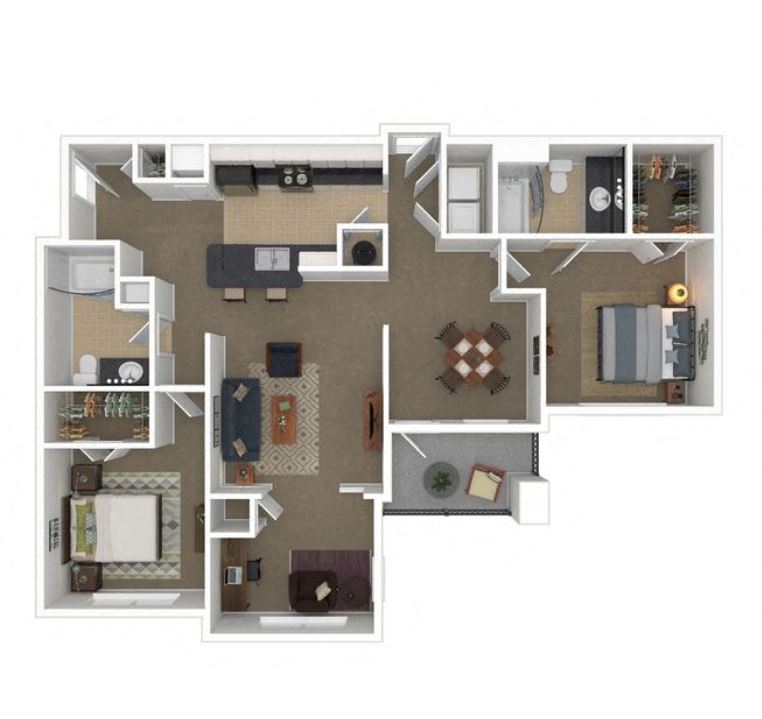 Floor plan for 2 beds, 2 baths, 1368 sqft