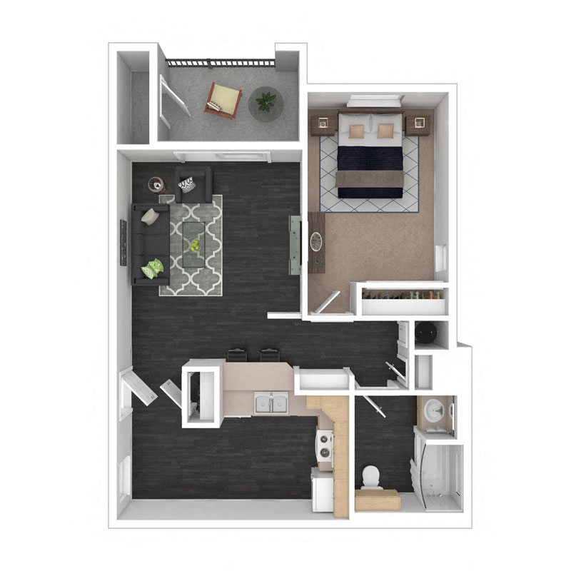 Floor plan for 1 bed, 1 bath, 654 sqft