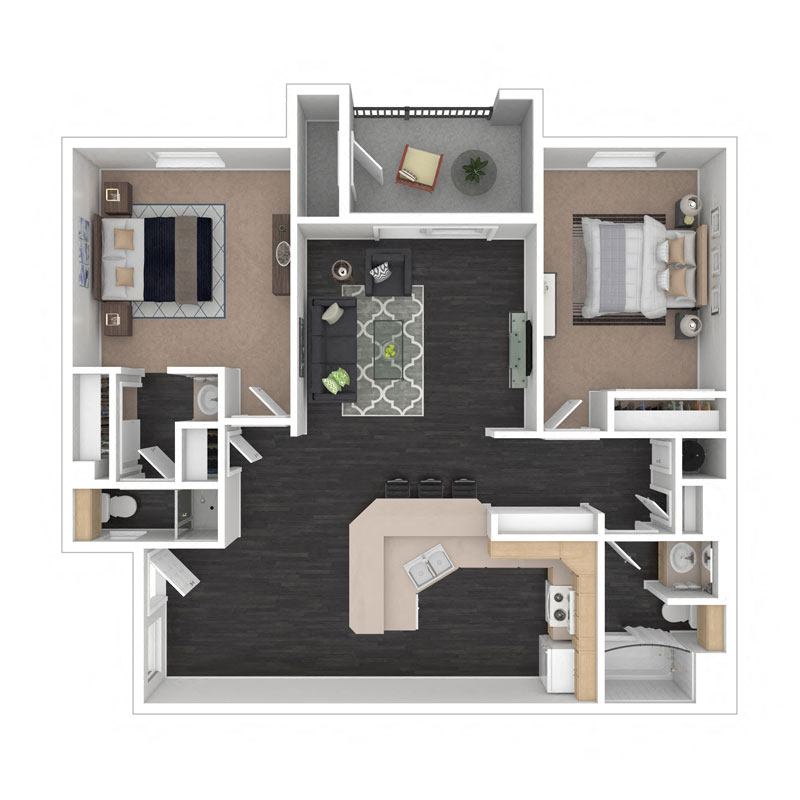 Floor plan for 2 beds, 2 baths, 1050 sqft