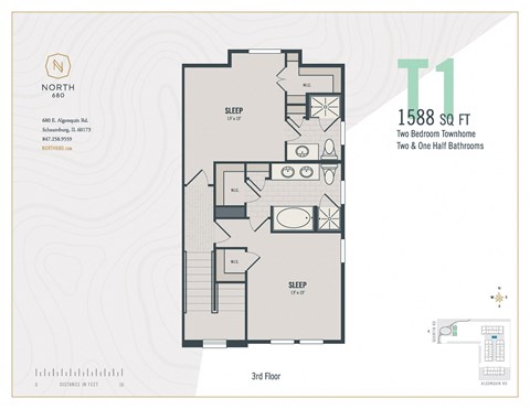 Floor plan for 2 beds, 2.5 baths, 1588 sqft