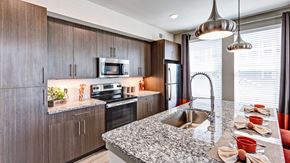 Schaumburg apartment for rent - Looking at an angle across a kitchen island with three place settings along the right at the kitchen against the left wall. It has stainless steel appliances and brown cabinets.