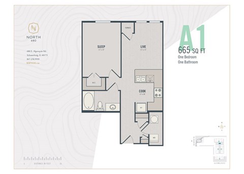 Floor plan for 1 bed, 1 bath, 665 sqft