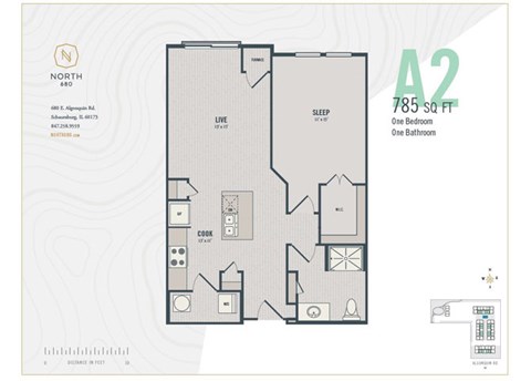 Floor plan for 1 bed, 1 bath, 785 sqft