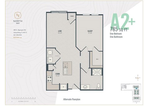 Floor plan for 1 bed, 1 bath, 785 sqft