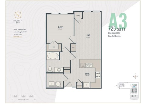 Floor plan for 1 bed, 1 bath, 725 sqft